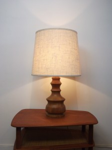Gorgeous Mid-century modern solid teak lamp w/original vintage shade - this beauty stands 29.5" tall including the shade x 16.5"diameter (shade) - (SOLD)