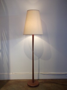 Gorgeous Mid-century modern teak floor lamp with a metal accent in the center - this beauty comes with a lovely custom Italian linen cone shade - stands - 59.75" -(SOLD)