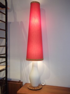 Incredibly unique Large 1950's floor lamp/table made in Germany - 3 way light - light up just the shade or just the glass base or both - this all original beauty stands 5Ft tall - small dark stain on the lower part of the shade and a couple nibbles in the walnut base - (SOLD)