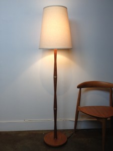 Handsome Mid-century teak floor lamp w/ metal details - this beauty comes with a new custom linen shade - stands - 62.5"H - (SOLD)