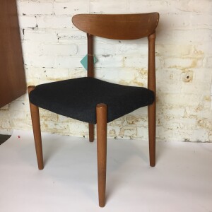 Gorgeous Mid-century Modern teak dining chairs recently upholstered in a gorgeous charcoal grey wool kvadrat fabric - $350
