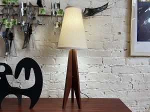 Spectacular Mid-century modern 1960s tripod teak table lamp - comes with a new custom lampshade - stands -29" tall SOLD
