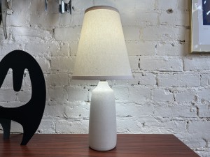 Gorgeous 1960s Pottery lamp in a classic white glaze by Lotte Bostlund - comes with a new custom shade - this beauty stands - 20"H SOLD