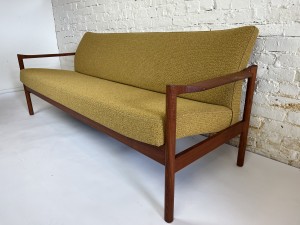 Impressive 1950 teak sofa recently reupholstered in quality Maharam fabric with latex foam. This stylish Norwegian sofa by PI Lango - comfort and style. - 74"L x 30"D x 28"BH x 17"SH (SOLD)