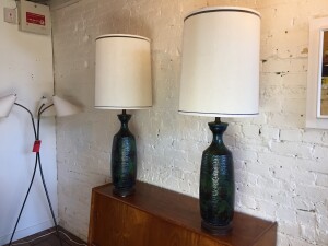 Pair of Mid-century Modern ceramic lamps with a stunning blue & green glaze - they come with their original shades -excellent vintage condition - stands 43"H -(SOLD)
