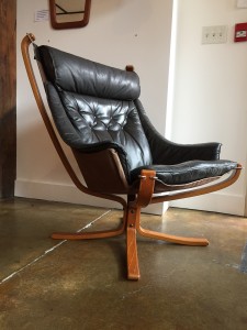 1970 Sigurd Ressell "Falcon" chair by Vatne Mobler - Norway - sticker still intact :) leather with the original stained beech laminated wood base - known for it's comfort - your Netflix watching this winter just got more comfortable and stylish :) -(SOLD)