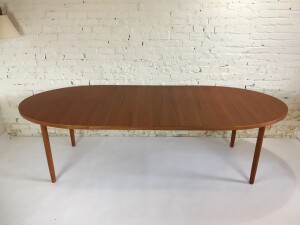 Gorgeous quality 60s Oval teak dining table - comes with 2 leaves - newly refinished - a unique rare size - seats up to 8 comfortably - measures - 59.5"L x 40"D x 28.5"H fully extended with both leaves - 99.75"L - (SOLD)