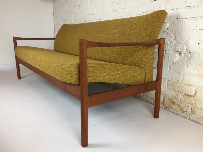 Incredible Norwegian teak framed sofa circa - 1960s -completely restored including - refinished frame, all new foam including natural latex in the seat, straps, and gorgeous textured mustard yellow fabric by Maharam - very stylish and super comfortable - - measures - 74"L x 26"D x 28.5"BH x 16"SH -(SOLD)