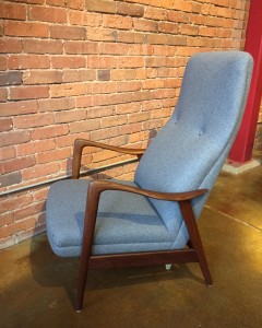 Exceptional Scandinavian Modern high back reclining lounge chair - this beauty has been completely restored - newly refinished sexy solid wood frame - all new foam and medium grey wool upholstery - perfect lumbar - uber comfy - come try it out - (SOLD)
