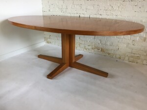 Gorgeous oval teak dining table designed by John Mortensen for Heltborg Mobler . model HM55 - circa 1965 , it is illustrated in the Danish Design Index - this beauty comes with 2 leaves making for a very large dining table that can accommodate up to 12 people, how often do you find this size in the Mid-century Era :) -(SOLD)