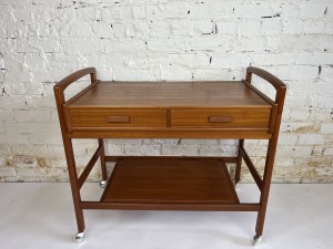 Stunning Quality Mid-century Modern teak 2 tier serving cart/bar cart with 2 drawers - fabulous vintage condition - measures31"L x 17"D x 28"H ( to the top of the handlesSOLD