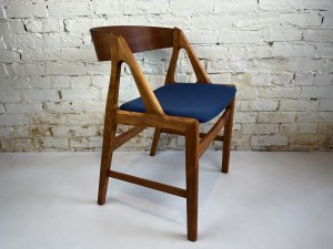 Handsome 1960s Scandinavian Modern dining chair comprised of teak and beech wood - lovely design - perfect for an entry way - extra dining seat or perhaps a desk chair - newly refinished wood frame and restored with a lovely blue fabric that is super durable (SOLD)