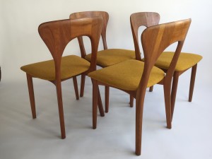 Gorgeous set of 4 quality Danish Modern dining chairs by Koefoeds Hornslet - Made in Denmark -recently reupholstered in a high quality mustard wool by Kvadrat (SOLD)