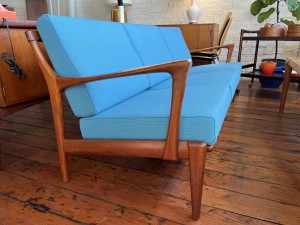Outstanding Mid-century 1950s teak 3 seater sofa designed by Bertil Fridhagen for Broderna Andersesson "Kubus" series - newly restored - latex foam and gorgeous turquoise fabric - (SOLD)