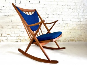 Outstanding Mid-century Modern teak rocking chair designed by Frank Reenskaug - Made in Denmark - newly refinished wood frame - new pirelli straps and newly upholstered in a stunning quality fabric - $1800