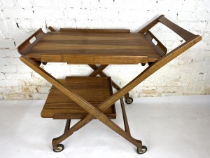 Handsome Mid-century Modern 2 tier folding serving cart - the top tray is removeable and legs extend to use as a T.V. tray or breakfast in bed tray :) - super versatile - newly refinished - measures -
