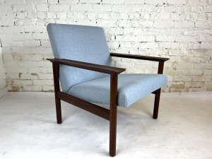 Handsome Mid-century Modern 1960s easy chair recently reupholstered in a gorgeous light blue/grey - $1,200
