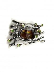 Exquisite Modernist oxidized silver & gold Pendant with green garnets and a large fire agate stone in the center - (SOLD)