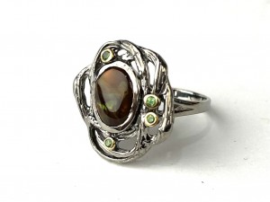 Gorgeous Oxidized Silver Ring with green garnets and a fire agate in the center - stamped 925 -SIZE -8 - $175