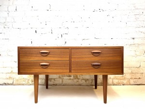 Incredible Mid-century Modern Compact TV Stand by Kai Kristiansen - Made in Denmark - features dovetailed drawers, lovely carved smile pulls and a lovely patina - measures - 33.75" x 19.75"D x 19.5"H - (SOLD)
