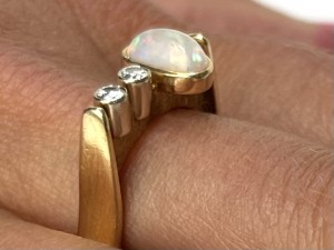 A fantastic modernist 14k gold ring with 2 diamonds and a gorgeous opal Size 9.5 $1,100