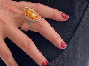 Exceptional Modernist Silver and Amber ring - this beauty has an unusual unique shape band and is super thick - stamped 925 and with other markings I can not make out - just stunning - size -