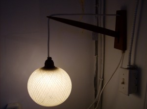 Stunning teak wall light w/spun fiberglass shade -(SOLD)