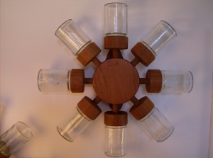 WOW, check this out!! Danish teak/glass spice wheel (8 spice jars), it mounts to the wall and spins - you have to see this wonderful Danish creation - circa 1965 manufactured by Digsmed - (SOLD)