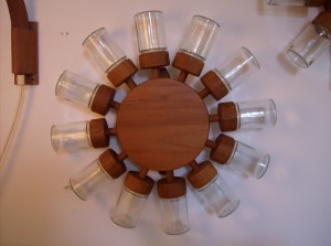 WOW, check this out!! Danish teak/glass spice wheel (12 spice jars), it mounts to the wall and spins - you have to see this wonderful Danish creation - circa 1965 manufactured by Digsmed - (SOLD)