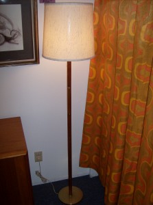 Super sleek 1960's teak/brass floor lamp - really nice quality - comes with a neutral vintage fabric lamp shade - (SOLD)