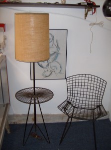 Unbelievable 1950's Atomic wrought iron floor lamp/table - with it's original burlap shade - 2 available - (SOLD)