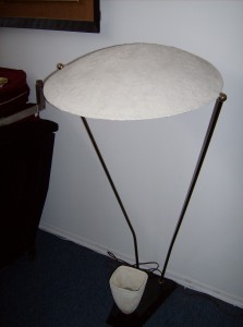 The Ultimate in 50's Modernist Design - A RARE FIND - and I am not just saying that!! - the deflector shade is made of spun fiber - possibly manufactured by Moss /it is also very similiar to Michael Bobrick's Control light - it stands 50" high - (SOLD)