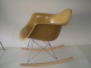 Original vintage Eames mustard yellow fiberglass arm shell chair on a NEW American made rocker base with beech runners- (SOLD)