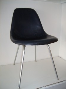 An original vintage chair from design master's Charles and Ray Eames for Herman Miller - grey back w/a deep navy blue vinyl front on an original H - base - (SOLD)