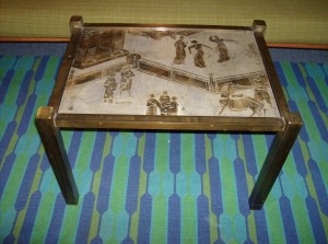 Exquisite - one of a kind acid etched - patinated brass over pewter & wood end table by artists/designers Philip and Kelvin Laverne - American - 1960's - A super rare find!!! $1200
